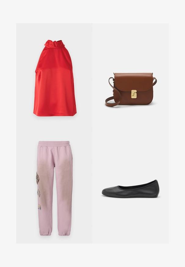 Red satin halter top with a high neckline, smooth texture, and side slits. Features a simple, elegant design with no embellishments.; Pink sweatpants with an elastic waistband, featuring decorative patches in diamond shapes on the left side and elastic cuffs at the ankles.; Black leather ballet flat with a rounded toe, smooth texture, minimal stitching detail, and a flexible sole design.; Brown leather handbag with a flap closure, gold-tone hardware, a shoulder strap, and a smooth texture. Compact rectangular shape.