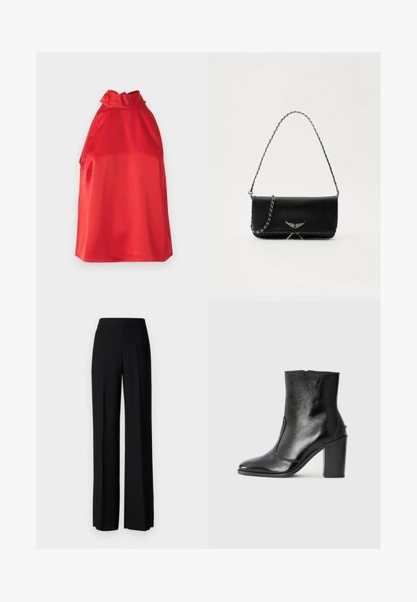 Top halter de satén rojo con un cuello alto, textura suave y aberturas laterales. Presenta un diseño simple y elegante sin adornos.; Pantalones de pierna ancha negros con una textura suave, que presentan una cintura alta y pliegues centrales. Sin patrones visibles ni detalles de hardware.; Botín negro de cuero con textura suave, puntera puntiaguda y un tacón alto y robusto. Presenta una apertura lateral y un diseño minimalista.; Bolso de mano de cuero negro con una correa de cadena plateada, que presenta acentos decorativos en forma de alas y costuras blancas a lo largo de la costura inferior.