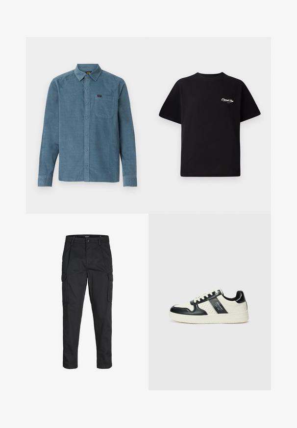 Pitkähihaiseen siniseen corduroy-paitaan kuuluu napillinen kaulus, etutasku ja hillitty brändäys taskussa.; Mustat puuvillateepaidat, joissa on pyöreä kaula-aukko, lyhyet hihat ja pieni valkoinen logoteksti vasemmassa rinnassa. Yksinkertainen suunnittelu, klassinen istuvuus.; Mustat cargo-housut, jotka on valmistettu kestävästä kankaasta. Housuissa on useita taskuja, nappisulku ja kapea istuvuus, jossa on kapenevat lahkeet.; Nahkakengät musta-kerma värimaailmassa, joissa on rei'itetyt yksityiskohdat, pehmustettu nilkkaosa ja teksturoitu pohja.