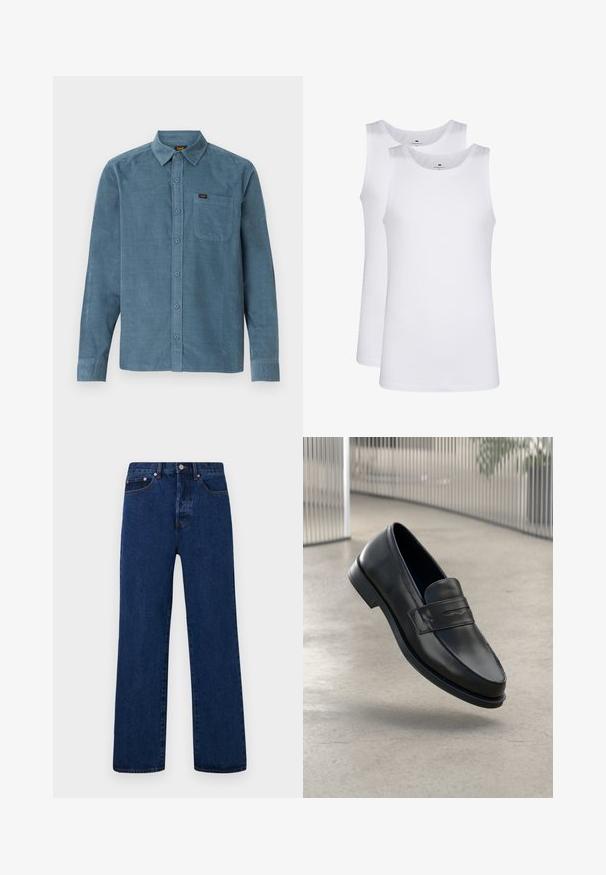 Langarmshirt van blauwe corduroy, met een button-down kraag, een frontzak en subtiele branding op de zak.; Witte katoenen tank tops, mouwloos ontwerp, ronde hals, effen textuur, gemaakt van een zachte, lichtgewicht stof. Twee stuks tentoongesteld.; Donkerblauwe denim jeans met een rechte pijp, voorzien van oranje stiksels, een knoopsluiting en twee voorkantzakken met contrasterende klinknagels.; Zwarte leren loafer met een gladde textuur, spitse neus en een decoratieve band over de wreef. Lichtgewicht zool, minimalistisch ontwerp.