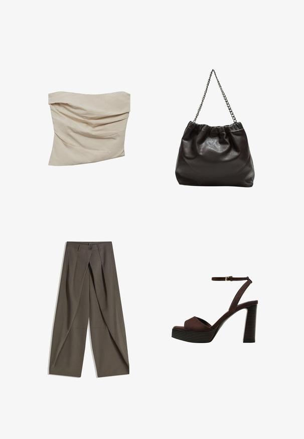 Beige strapless top made of soft fabric. Features a draped design with angular folds, creating texture and movement.; Wide-leg trousers made of a textured, dark gray fabric. Features a front pleat, button closure, and side pockets for practicality.; Brown suede high-heeled sandal with an open toe, adjustable ankle strap, and a striped platform sole.; Brown leather bag with a gathered top and a chain strap. Smooth texture with a glossy finish and subtle seam detailing on the sides.
