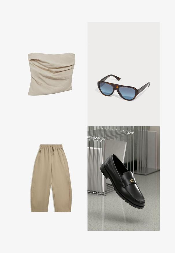 Beige stropløs top lavet af blødt stof. Har et draperet design med vinklede folder, der skaber tekstur og bevægelse.; Beige, brede bukser lavet af blødt stof, med en elastisk talje og snoretræk samt sidelommer. Glat tekstur, enkelt design.; Sorte læder loafers med en hævet søm, guld accentlogo og tekstureret rem. Har en tykk, holdbar gummisål.; Skildpaddebriller med mørkeblå gradientlinser, robust stel og brede stænger. Brandlogo på siden; poleret finish.; Sølv rustfrit stål ur med firkantet kasse, hvid skive, analog og digital visning samt metal link armbånd. Vandtæt design.