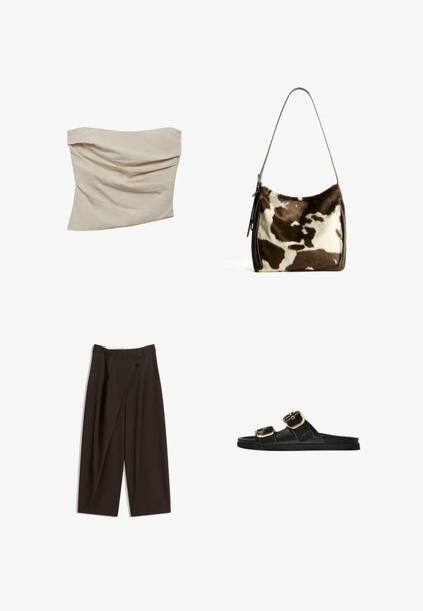 Béžový top bez ramienok z jemného materiálu. Obsahuje drapovanú konštrukciu s ostrými záhybmi, čo vytvára textúru a pohyb.; Tmavohnedé široké nohavice s vysokým pásom, s jedným gombíkom a záhybmi vpredu. Vyrobené z ľahkej textílie.; Čierne šľapky s dvoma zlatými prackami, hladký textúrovaný materiál, plochá podrážka a minimalistický dizajn.; Hnedo-krémová kravská koža cez plece s hladkým koženým remienkom, zipsovým uzáverom a mäkkým, textúrovaným povrchom s prírodným vzorom.