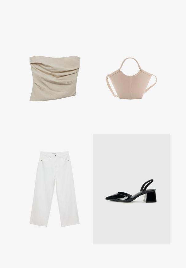 Beige stropløs top lavet af blødt stof. Har et draperet design med vinklede folder, der skaber tekstur og bevægelse.; Hvide bukser med bred benvidde lavet af denim med høj talje, der har fem lommer og metalhardware. Glat tekstur, uden synlige mønstre.; Sorte patentlæder slingback hæle med spids tå og en geometrisk blok hæl. Har et elegant, minimalistisk design og en glat tekstur.; Lysebrun læderhåndtaske med en unik form, featuring to korte håndtag og et langt justerbart rem. Glat tekstur med minimal hardware.