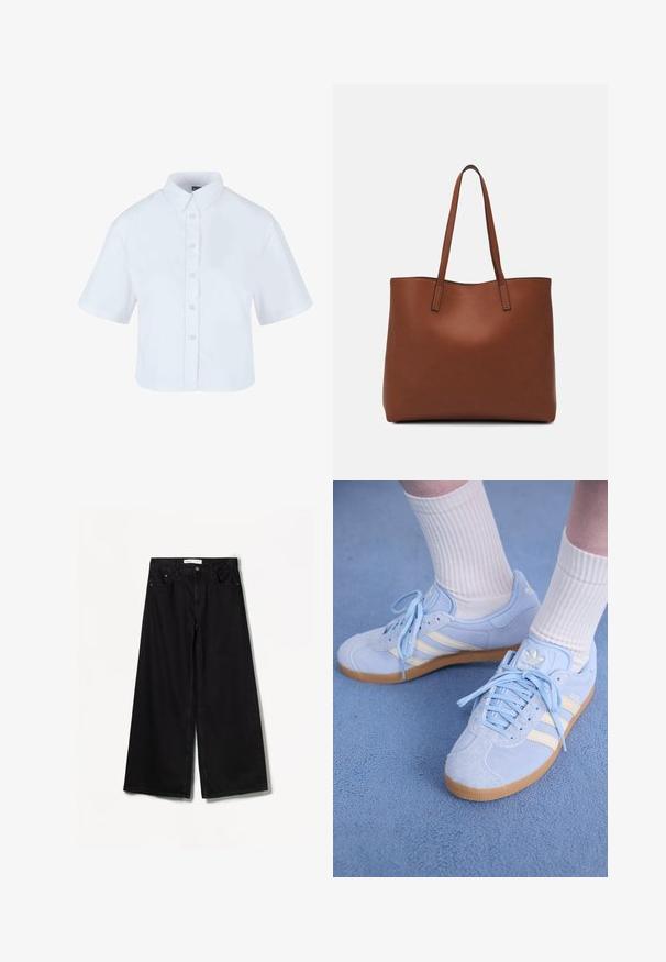 White cropped button-up shirt with short sleeves, featuring a classic collar and pearl-effect buttons, made from smooth fabric.; Bershka WIDE-LEG - Wide Leg - black; Light blue suede sneakers with white stripes, flat laces, and a gum rubber sole. Ribbed white socks are worn above the ankle.; Brown leather tote bag with a smooth texture, open top design, and two shoulder straps. Features minimal stitching and no visible hardware.