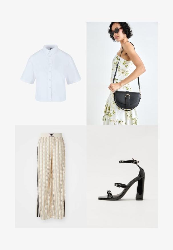 Witte cropped button-up shirt met korte mouwen, met een klassiek kraag en parelachtige knopen, gemaakt van een gladde stof.; Crème kleurige wijde broek met een zigzagpatroon, met een zwarte logo tailleband en zij zwarte strepen. Lichtgewicht, gestructureerde stof.; Zwarte gepatenteerde sandalen met hak en een vierkante neus, enkelbandjes en zilveren gespen. Heeft een stevige blokhak voor stabiliteit.; Zwarte leren handtas met een gebogen vorm, afneembare schouderband en gouden hardware. De tas heeft een klep met een gespsluiting.