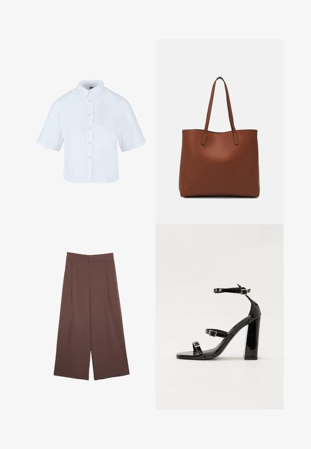 Camicia bianca cropped con bottoni e maniche corte, dotata di colletto classico e bottoni effetto perla, realizzata in tessuto morbido.; Pantaloni ampi marroni con una texture liscia, caratterizzati da una vita alta e pieghe frontali. Il tessuto è leggero e scorre liberamente.; Sandali con tacco in vernice nera, con punta squadrata, cinturini alla caviglia e fibbie in argento. Presentano un tacco a blocco spesso per maggiore stabilità.; Borsa tote in pelle marrone con texture liscia, design con apertura superiore e due spallacci. Presenta cuciture minime e nessun hardware visibile.
