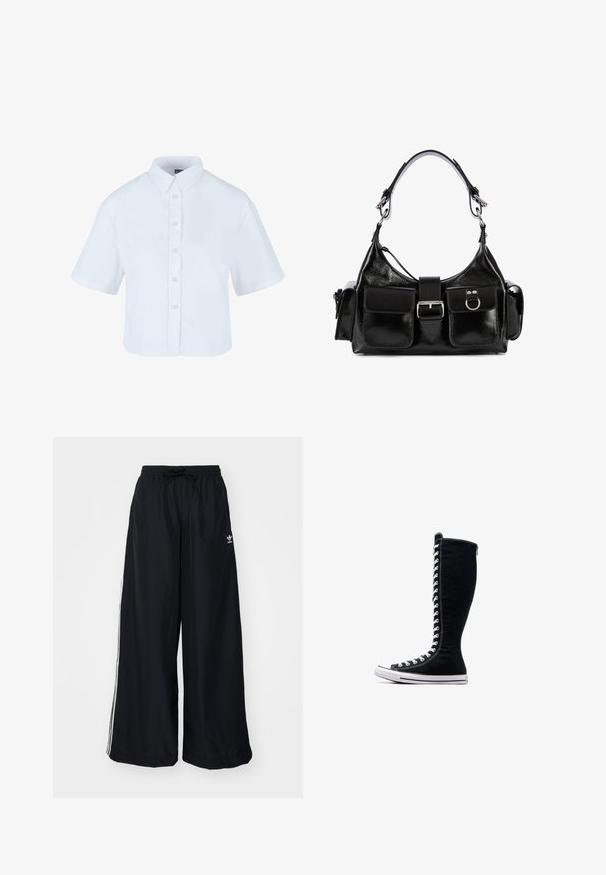 White cropped button-up shirt with short sleeves, featuring a classic collar and pearl-effect buttons, made from smooth fabric.; Black wide-leg pants made from lightweight fabric. Features an elastic waistband with drawstring and white side stripes. Brand logo on hip.; Black high-top sneakers with a tall design, made of canvas. Feature white laces, stitching, and a rubber sole with a toe cap.; Black leather handbag with a glossy finish, featuring a central buckle, two front pockets, and a short shoulder strap.