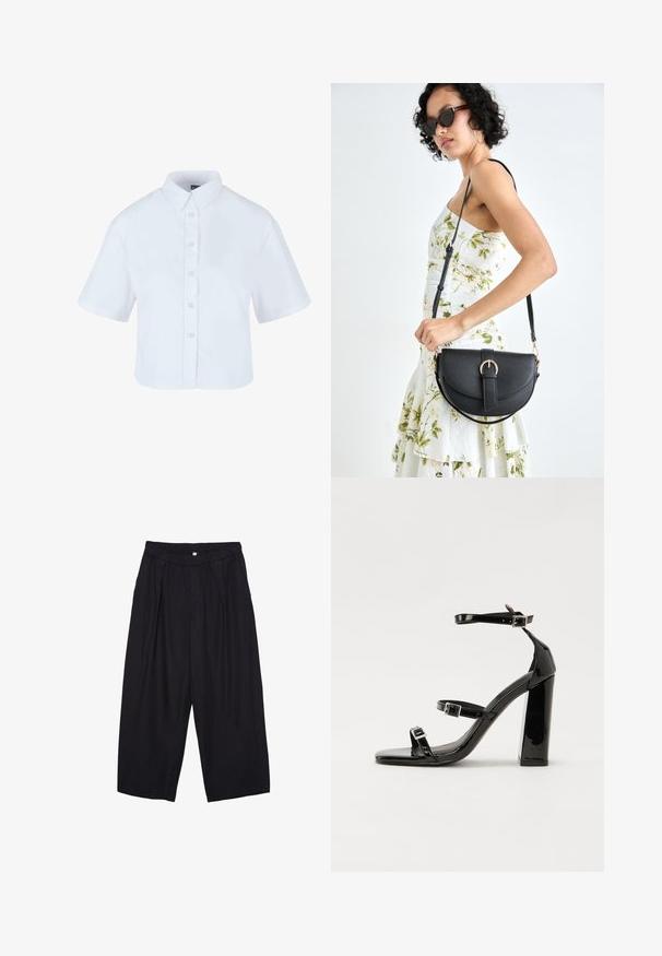White cropped button-up shirt with short sleeves, featuring a classic collar and pearl-effect buttons, made from smooth fabric.; Black polyester culotte pants with an elastic waistband, two front pleats, and a loose silhouette. No visible patterns or hardware details.; Black patent heeled sandals with a square toe, ankle straps, and silver buckles. Features a chunky block heel for stability.; Black leather handbag with a curved shape, detachable strap, and gold hardware. The bag features a flap with a buckle detail.