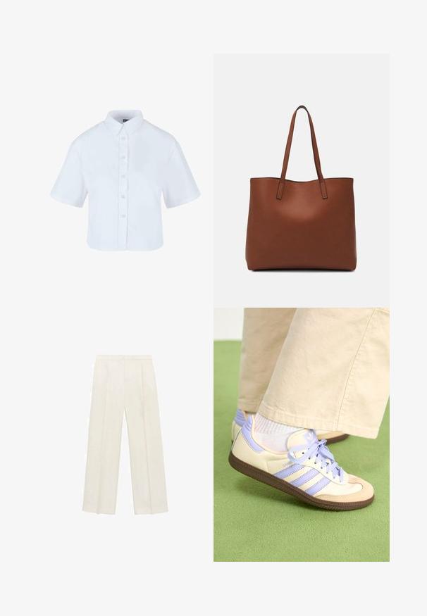 Weißes, kurzärmliges, tailliertes Hemd mit klassischem Kragen und Perlmuttknöpfen, gefertigt aus glattem Stoff.; Weit geschnittene Hosen in einem hellen cremefarbenen Farbton. Hergestellt aus einem glatten Stoff mit Falten an der Vorderseite und seitlichen Taschen.; Cremefarbene und lavendelfarbene Sneakers mit drei Streifen und einer strukturierten braunen Sohle, ausgestattet mit Schnürsenkeln und einer gepolsterten Ferse. Obermaterial aus weichem Stoff.; Braune Leder-Tote mit glatter Textur, offenem Oberteil und zwei Schulterriemen. Verfügt über minimale Nähte und keine sichtbaren Beschläge.