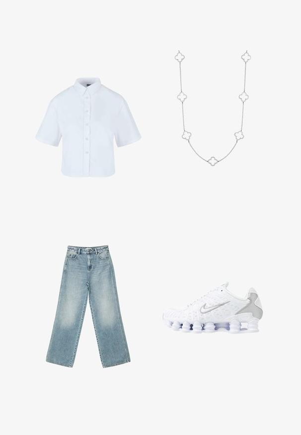 Hvid cropped knap-up skjorte med korte ærmer, der har en klassisk krave og perle-effekt knapper, lavet af glat stof.; Lyseblå vide jeans lavet af denim, med høj talje, fem lomme design og subtil falmning langs benene.; Hvide atletiske sko med mesh-overdel, sølvfarvede detaljer og et unikt spiral-såledesign. Har polstret krave og snørebåndslukning for en god pasform.; Sølv kædedesign med skiftevis kløverformede led med åbne centre, glat tekstur og et sart design.