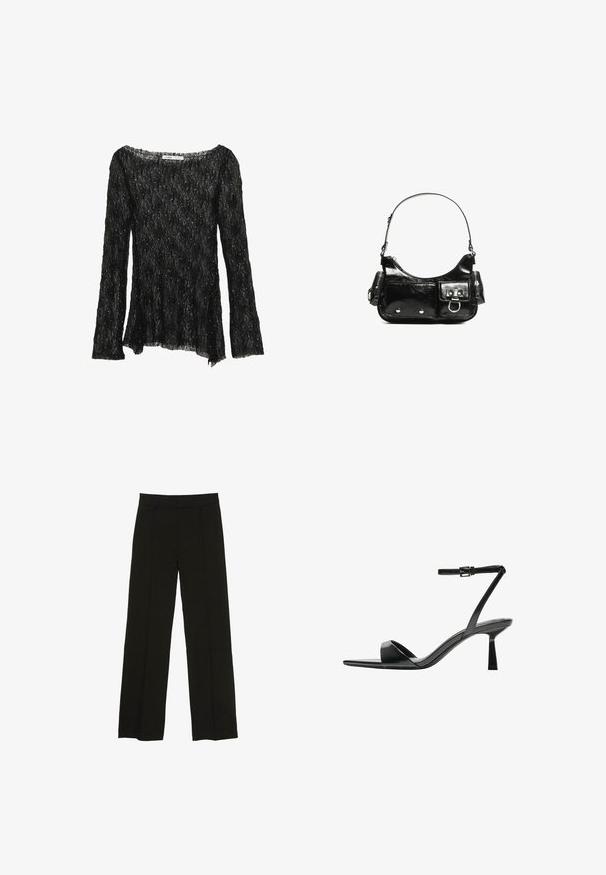 Sort blonde top med en løs pasform, lange ærmer og en bred udskæring. Har et tekstureret mønster og subtile glitrende accenter over det hele.; Sorte brede bukser lavet af et glat stof, med en tætsiddende talje og subtile frontfolder for ekstra tekstur.; Bershka Højhælede sandaletter / Højhælede sandaler - black; Sort patenteret læder håndtaske med en buet form, en skulderrem, frontlommer og hardware accenter i sølvfarve.