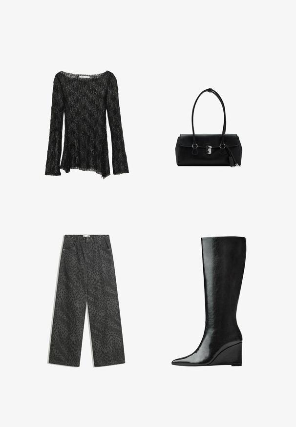 Musta pitsipaita, jossa on rento istuvuus, pitkät hihat ja leveä kaula-aukko. Siinä on teksturoitu kuvio ja hienovaraisia kimallekoristeita kauttaaltaan.; Mustat farkkuleggingsit, joissa on hienovarainen leopardi-printti, metalliset niitti-yksityiskohdat vyötäröllä sekä klassinen viisi-taskuinen muotoilu.; Polvisteeseen asti yltävät mustat nahkasaappaat, joissa on sulavalinjainen, terävä kärki ja viistolevy. Pintamateriaali on sileä ja kiiltävä.; Musta nahkalaukku, jossa on sileä pinta, strukturoidun muotoilun, kaksinkertaiset kahvat ja hopeinen solki yksityiskohtana keskellä.