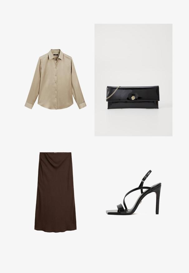 Beige Langarm-Hemd mit Knopfleiste, klassischem Kragen und Manschetten, glattem Stoff und leicht abgerundetem Saum.; Brauner knielanger Rock aus glattem Stoff mit einem drapierten Design an der Taille. Verfügt über einen geraden Schnitt und eine weiche Textur.; Schwarze Lackleder-Blockabsatzsandalen mit quadratischer Zehenpartie, eleganten Knöchelriemen und überkreuzten Vorderriemen sowie einem hohen Stiletto-Absatz.; Schwarze Lackleder-Clutch mit goldener Kettenriemen, einem schlichten Klappen-Design und geprägtem Logo auf der Vorderseite. Glatte, glänzende Oberfläche.