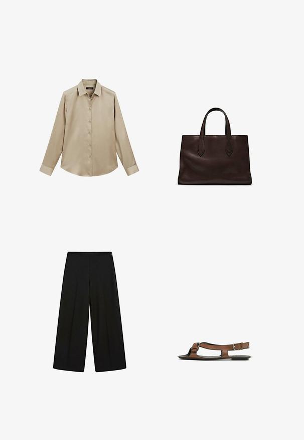Beige long-sleeve button-up shirt with classic collar and cuffs, smooth fabric, and slightly curved hem.; Black wide-leg trousers made of soft fabric, featuring a high waist and pleats, with a smooth texture and no visible embellishments.; Brown leather sandal with an open toe and side cutouts. Features an ankle strap with a metal buckle and a flat sole.; Brown leather tote bag with two elongated handles, structured rectangular shape, smooth texture, and subtle stitching details.