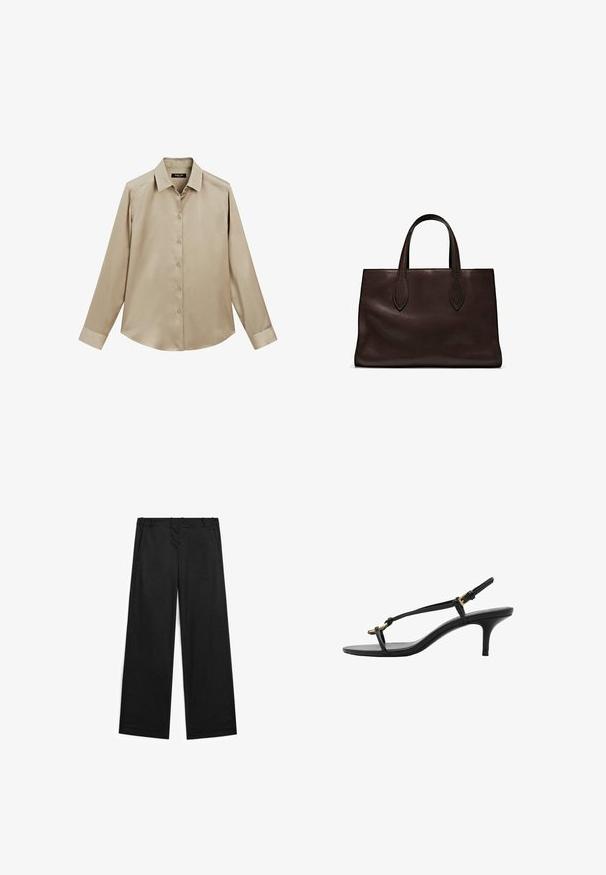 Beige langærmet skjorte med knapper, klassisk krave og manchetter, glat stof og let buet søm.; Bredde ben sorte bukser lavet af en bomuldsblanding, med en glat tekstur, frontlommer og minimale syninger.; Sort læder kitten hæl sandal med tynde stropper, guldspænde og minimalistisk tå løkke på en hvid baggrund.; Brun læder tote bag med to forlængede håndtag, struktureret rektangulær form, glat overflade og subtile syninger.