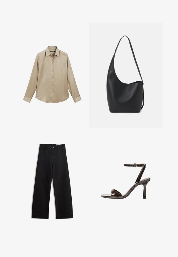 Beige overhemd met lange mouwen, knoopsluiting, klassieke kraag en manchetten, gladde stof en een iets afgeronde onderkant.; Zwarte denim broek met wijde pijpen en een hoge taille, voorzien van voor- en achterzakken, gestikte naden en een knoopsluiting. Gladde textuur.; Bruine gepatenteerde lederen sandaal met hoge hak, enkelbandje, open teen, en een strak, minimalistisch ontwerp. Voorzien van een vierkante hak.; Zwarte leren hobo tas met een gladde textuur, kromme vorm en een enkele verstelbare schouderband; heeft een brede opening aan de bovenkant.