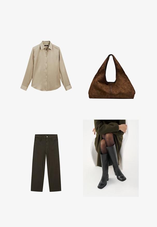 Beige Langarm-Hemd mit Knopfleiste, klassischem Kragen und Manschetten, glattem Stoff und leicht abgerundetem Saum.; Dunkelgrüne Jeans im weit geschnittenen Style, hergestellt aus einem Baumwollgemisch. Sie verfügen über einen Frontknopfverschluss, fünf Taschen und klassische Denim-Nähte.; Knöchelhöhe schwarze Lederstiefel mit quadrater Spitze und Blockabsatz, gezeigt mit einem Modell, das einen olivgrünen Mantel trägt. Glatte Textur, minimale Details.; Braune Wildleder-Schultertasche mit offenem Oberteil. Sie verfügt über einen tiefen, breiten Körper, einen ausgeschnittenen Griff und minimale Nähte für ein sauberes Design.
