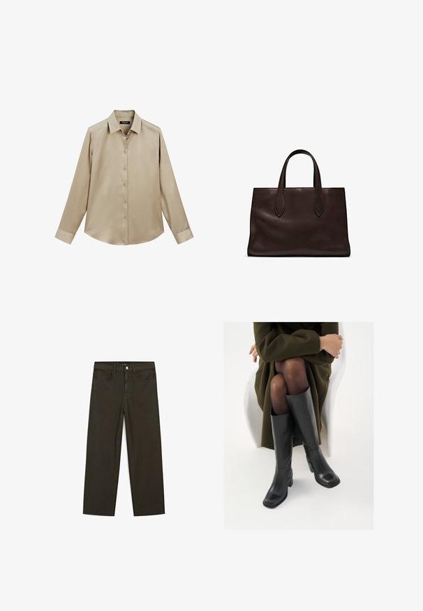 Beige long-sleeve button-up shirt with classic collar and cuffs, smooth fabric, and slightly curved hem.; Dark green wide-leg jeans made of cotton blend, featuring a front button closure, five pockets, and classic denim stitching.; Knee-high black leather boots with a squared toe and block heel, shown with a model seated in an olive green coat. Smooth texture, minimal detailing.; Brown leather tote bag with two elongated handles, structured rectangular shape, smooth texture, and subtle stitching details.