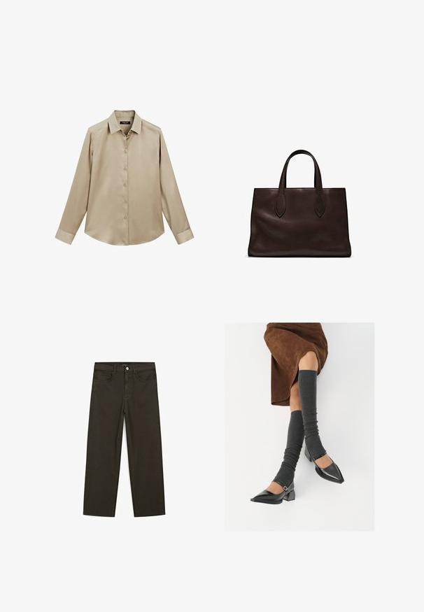 Beige langærmet skjorte med knapper, klassisk krave og manchetter, glat stof og let buet søm.; Mørkegrønne brede jeans lavet af en bomuldsblanding, med en frontlukning med knap, fem lommer og klassisk denim-syning.; Sorte patenterede lædersko med spids tå, blokhæl og ankelrem, kombineret med grå ribbede benvarmere og en brun ruskinds nederdel.; Brun læder tote bag med to forlængede håndtag, struktureret rektangulær form, glat overflade og subtile syninger.