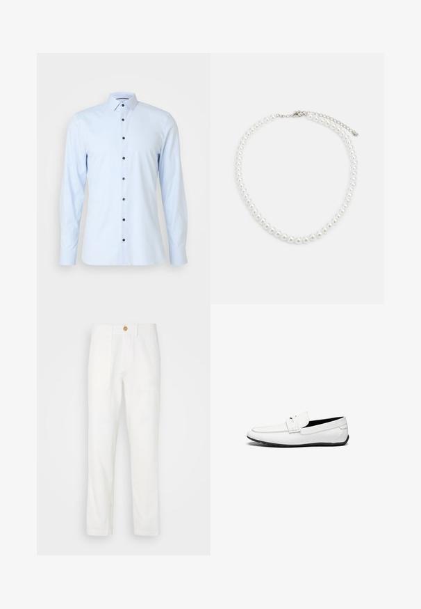 Helles blaues Langarmhemd aus glattem Stoff, mit traditionellem Kragen und dunkelblauen Knöpfen, die vorne verlaufen.; Weiße Stoffhosen mit geradem Schnitt, ausgestattet mit zwei vorderen Taschen und einem Knopfverschluss. Glatte Textur und sauberes Design.; Weiße Lederloafer mit glatter Oberfläche, featuring eine gestickte Akzent, eine abgerundete Zehe und eine schwarze Gummisohle für besseren Halt.; Weiße Perlenkette mit einheitlich runder Form, glatter Oberfläche und Metallverschluss mit Verlängerungskette für anpassbare Länge.
