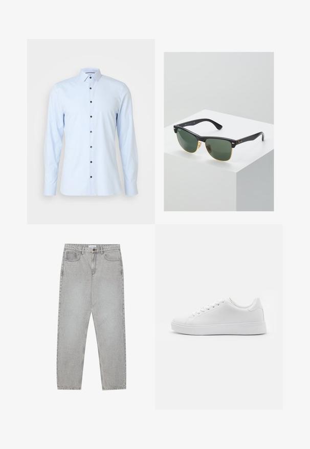 Cămașă albastru deschis cu mânecă lungă, confecționată dintr-un material neted, având un guler clasic și nasturi de culoare albastru închis pe toată lungimea frontală.; Pantaloni din denim gri deschis cu un design cu picioare drepte, stil cu cinci buzunare și închidere cu nasture. Cusături vizibile de-a lungul cusăturilor.; Adidași albi cu un superior sintetic neted, bot rotund, șase eyeleti pentru șireturi și o talpă din cauciuc de profil jos cu detalii texturate.; Ochelari de soare Ray-Ban cu lentile verzi, rame din plastic negru și accente aurii pe margini. Formă pătrată cu un finisaj mat.