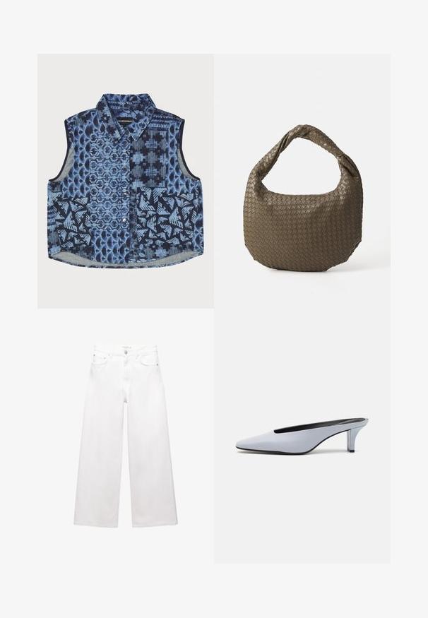 Camicia senza maniche in denim con un design patchwork in diverse tonalità di blu, texture in contrasto e chiusura con bottoni.; Jeans bianchi a gamba larga in cotone, caratterizzati da un'alta vita, design a cinque tasche e dettagli in ottone. Texture liscia e non trattata.; Mule in pelle lucida blu chiaro con punta affusolata, tacco trasparente basso e design elegante caratterizzato da un'apertura sulla parte superiore.; Borsa in oliva intrecciata con forma arrotondata e manico attorcigliato. La superficie testurizzata presenta un motivo diagonale. Chiusura con cerniera.