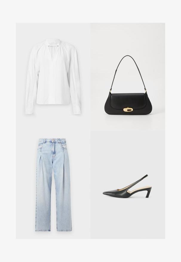 Hvit langermet bluse med V-hals, rynkedetaljer ved halsen, og et glatt, lett stoff. Enkel og minimalistisk design.; Lyseblå denimjeans med høy livlinje, vide ben, to sidelommer og plisserte detaljer. Myk tekstur med en falmet finish.; Svart spiss tå slingback-sko med lav hæl, laget av jevnt skinnmateriale og med utskåret design på siden for pusteevne.; Svart lærveske med en buet design, gullfarget hardware og et håndtak på toppen. Har en elegant lukking og glatt tekstur.