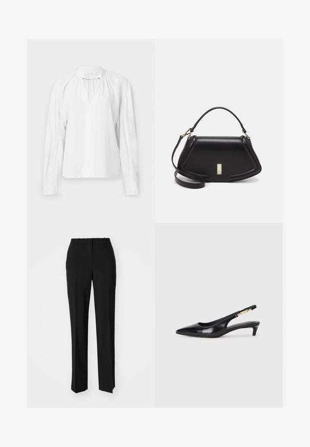 White long-sleeve blouse with a V-neck, gathered detailing at the neckline, and a smooth, lightweight fabric. Simple and minimalist design.; Black tailored trousers with a straight-leg design, featuring a smooth texture and crisp creases along the front. No visible hardware.; Black leather slingback heels with a pointed toe, featuring a slim heel and a gold-tone accent on the adjustable strap. Smooth texture.; Black leather handbag with a structured design, featuring a cropped shape, top handle, and gold hardware accent. Adjustable shoulder strap included.