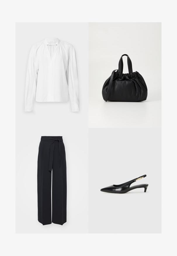 White long-sleeve blouse with a V-neck, gathered detailing at the neckline, and a smooth, lightweight fabric. Simple and minimalist design.; Wide-leg black trousers made of soft fabric. Features a belted waistband and front pleats. Smooth texture with a clean, contemporary design.; Black leather slingback heels with a pointed toe, featuring a slim heel and a gold-tone accent on the adjustable strap. Smooth texture.; Black leather handbag with a gathered top design, featuring two short handles and a long adjustable strap. Smooth texture, rounded shape.