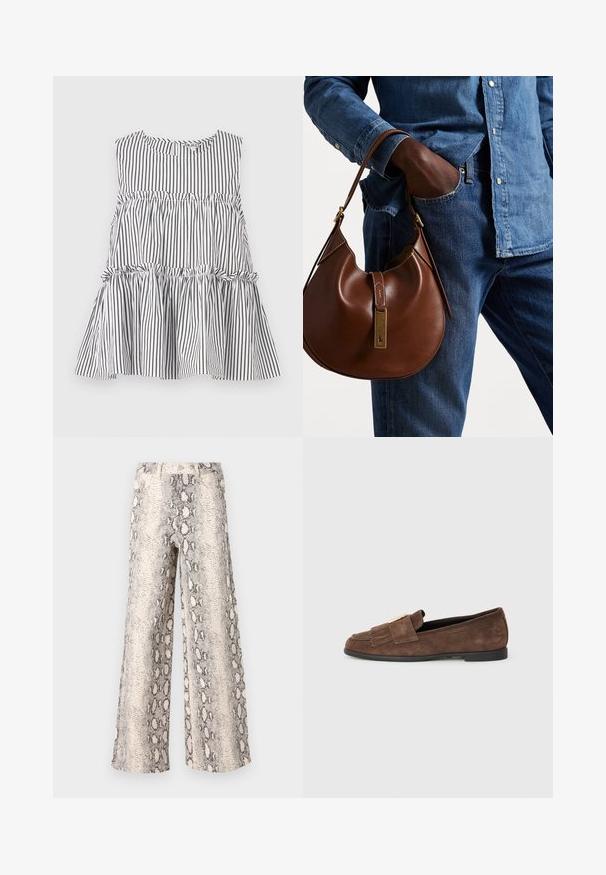 Haut sans manches rayé noir et blanc avec un col rond et un design à volants empilés, présentant des accents froncés au niveau des coutures.; Pantalons large en imprimé serpent, avec un schéma de couleurs crème et gris, fabriqués à partir d'un tissu texturé avec une taille haute.; Mocassins en daim marron avec une texture lisse, présentant une sangle avec un accent doré et des détails de franges subtils sur le bout. Semelle plate.; Sac en cuir marron de style hobo avec une forme arrondie, mettant en avant un accent en métal doré et des coutures contrastantes. Assorti à une chemise en denim et un jean.