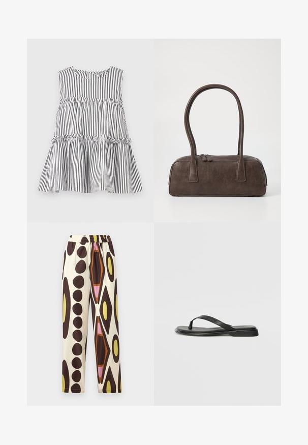 Black and white striped sleeveless top with a round neckline and gathered tiered design, featuring ruffled accents at the seams.; Elastic-waist pants in lightweight fabric, featuring a cream background with large brown, yellow, pink, and orange geometric patterns.; Black flip-flop made of smooth leather, featuring a thin strap design and a flat sole with a minimal profile. No notable patterns or accents.; Brown leather handbag with two sturdy handles, rectangular shape, smooth texture, and zip closure. Minimalist design with no visible patterns.