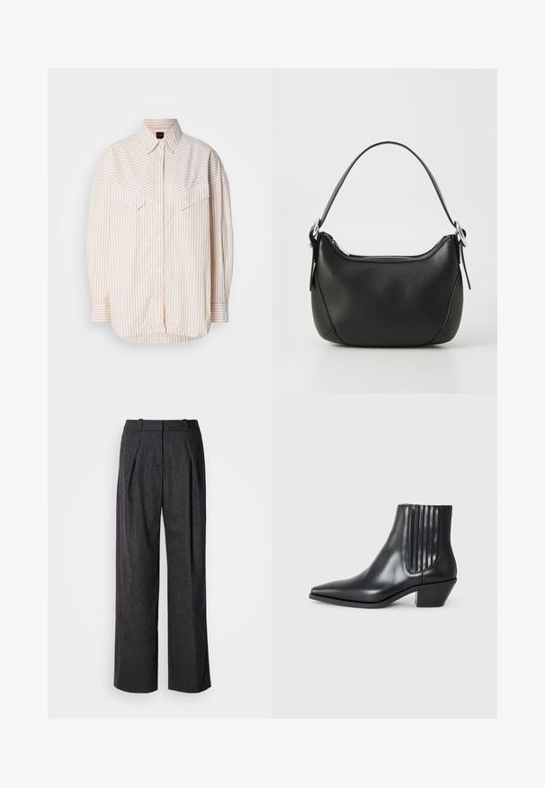 Svītrainā pogājamā krekla, kas ir vieglā bēšā un krēma krāsā, brīvs piegriezums, garas piedurknes un divas krūšu kabatas ar atloku.; Tumši pelēki plaša kāju bikses ar teksturētu audumu, kurām ir priekšējie kroki un klasiskas jostas dizains. Redzamu kabatu nav.; Melnas ādas potītes zābaki ar izsistu purngali, elastīgām sānu paneļiem ar vertikālām grodām un zemu bloku papēdi. Gluda tekstūra un elegants dizains.; Melnas ādas rokassoma ar izliekumu formu, sudraba rāvējslēdzis un īsu rokturi. Priekšpusē ir smalks logo un gluda tekstūra.