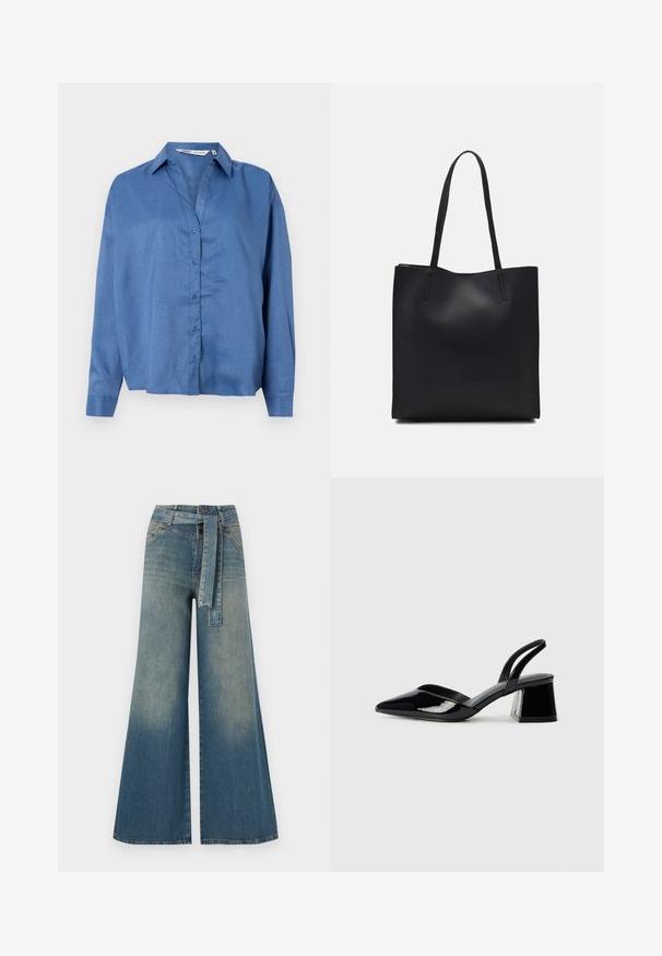 Cămașă ușor albastră, cu guler, mâneci lungi și o croială relaxată. Fabricată dintr-un material neted, cu o textură subtilă.; Pantaloni din denim largi, cu un gradient de la albastru deschis la albastru închis, talie înaltă, bucle pentru curea și o curea din același material. Finisaj texturat din denim.; Pantofi cu toc slingback din piele lacuită neagră, cu vârf ascuțit și toc geometric. Prezintă un design elegant, minimalist și o textură netedă.; Geantă tote neagră din piele, cu textură netedă, formă rectangulară și două mânere lungi. Fără hardware vizibil sau ornamente.