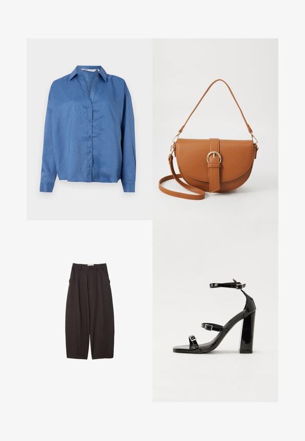 Ljusblå skjorta med knappar, krage, långa ärmar och en avslappnad passform. Tillverkad av ett mjukt tyg med subtil textur.; Svarta vida byxor i ett mjukt tyg, med hög midja, framfickor och sidofickor. Enkel design utan utsmyckningar.; Svarta lackerade högklackade sandaler med två spännband, fyrkantig tå och en tjock klack, med en slät och glansig yta.; Brun läder crossbody-väska med en böjd form, gyllene detaljer och en spänneaccent. Har en avtagbar axelrem.