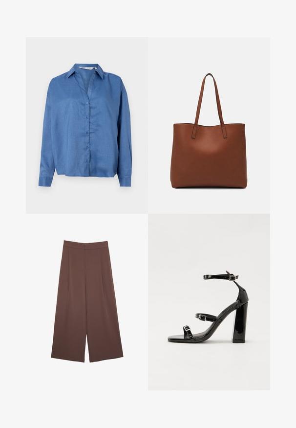 Jasnoniebieska koszula zapinana na guziki z kołnierzykiem, długimi rękawami i luźnym krojem. Wykonana z gładkiego materiału o subtelnej fakturze.; Brązowe spodnie o szerokich nogawkach z gładką fakturą, z wysokim stanem i plisami z przodu. Materiał jest lekki i luźno opada.; Czarne lakierowane sandały na obcasie z kwadratowym noskiem, z paskami wokół kostki i srebrnymi klamrami. Posiadają masywny słupek dla stabilności.; Brązowa skórzana torba tote o gładkiej fakturze, z otwartym wierzchem i dwoma ramiączkami. Charakteryzuje się minimalnym przeszyciem i brakiem widocznych elementów metalowych.