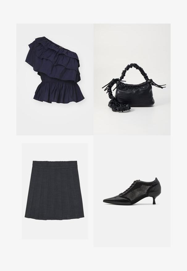 Vero Moda VMLUCA ONE SHOULDER - Bluse - night sky; Mørkegrå plissert skjørt med elastisk midje, med teksturert stoff og en klassisk A-linje silhuett. Passer for hverdagsbruk.; Svart spiss tå-sko med meshpaneldesign, med lav hæl og snøring foran. Laget av en kombinasjon av lær og meshmateriale.; Svart faux skinn-håndveske med krokodilletekstur, strammet topp og en rynket stropp. Ser myk og kompakt ut i designen.