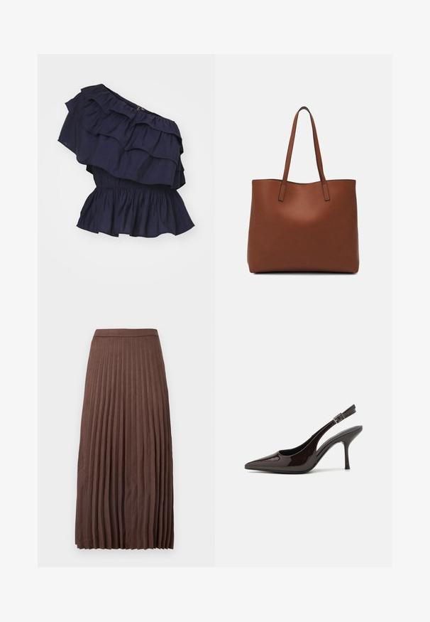 Vero Moda VMLUCA ONE SHOULDER - Bluse - night sky; Brun plissert midi-skjørt laget av teksturert stoff, med en tettsittende midjebånd og vertikale folder som strekker seg fra livet til kanten.; Slingback høyhælte sko i blankt mørkebrunt patentlær, spiss tå, åpne sider og justerbar ankelrem.; Brun lær tote veske med en jevn tekstur, åpen toppdesign og to skulderstropper. Har minimal søm og ingen synlige spiker.