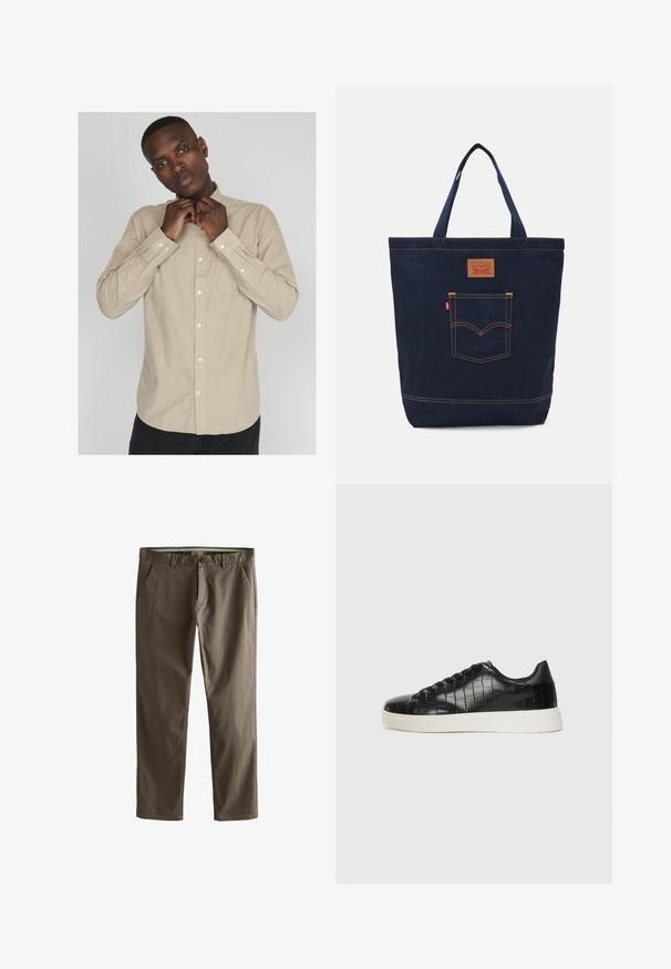 Lichtbeige overhemd met lange mouwen, een kraag en een subtiele textuur; heeft een pocket aan de linkerkant en witte knopen.; Bruine katoenen chinos met een recht gesneden ontwerp, achterzakken en een knoopsluiting. Heeft een gladde textuur en strakke lijnen.; Zwarte sneakers met een gestructureerde leren bovenkant met krokodilpatroon, een ronde neus en een contrasterende witte rubberen zool met een gladde afwerking.; Denim draagtas in donkerblauw met twee handvatten, zichtbare stiksels en een voorvak met een klassiek logo patch.