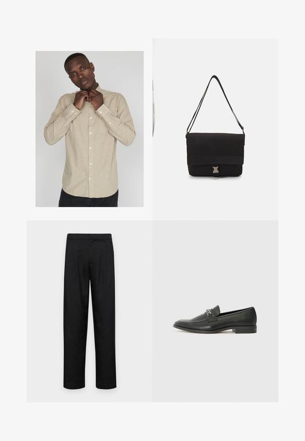 Heled beežihakordiga särk pikkade varrukatega, krae ja tagasihoidliku tekstuuriga; vasakul küljel on tasku ja valged nööbid.; Mustad mustadest riietest, millel on sirge jalgade disain, kaks eesmist voltimist ja tavaline vöökoht, millel on vöökohad.; Must haveate nahkking punased, millel on sile viimistlus, tikitud muster ja dekoratiivne metallkett vampi üle. Tasane konts.; Mustmust kärjer, mis on valmistatud siledast materjalist, fold-over klapiga, hõbedaste kinnitustega ja reguleeritava õlarihmaga.