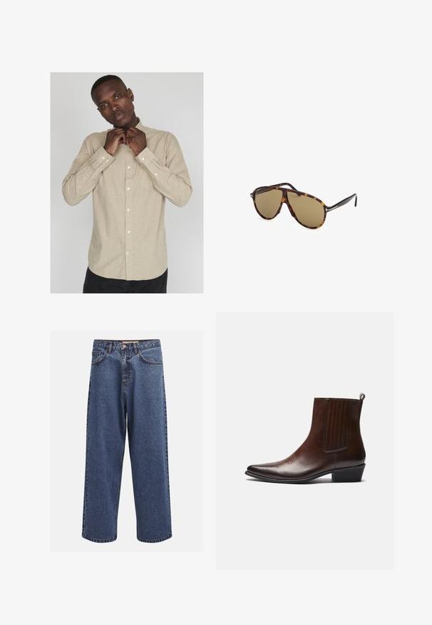 Hellbeige Hemd mit langen Ärmeln, Kragen und subtiler Textur; verfügt über eine Tasche auf der linken Seite und weiße Knöpfe.; Weite blaue Denim-Jeans mit einem verblassten Finish, ausgestattet mit einem Knopfverschluss, fünf Taschen und kontrastierenden Nähten entlang der Säume.; Braune Leder-Ankle-Boots mit spitzer Spitze, elastischen Seitenteilen, strukturierten Details auf der Vorderseite und einem niedrigen, gestapelten Absatz.; Sonnenbrille im Schildpatt-Muster mit braunen Gläsern, im Pilotenstil, ausgestattet mit einem schlanken Rahmen und metallischen Akzenten an den Bügeln.