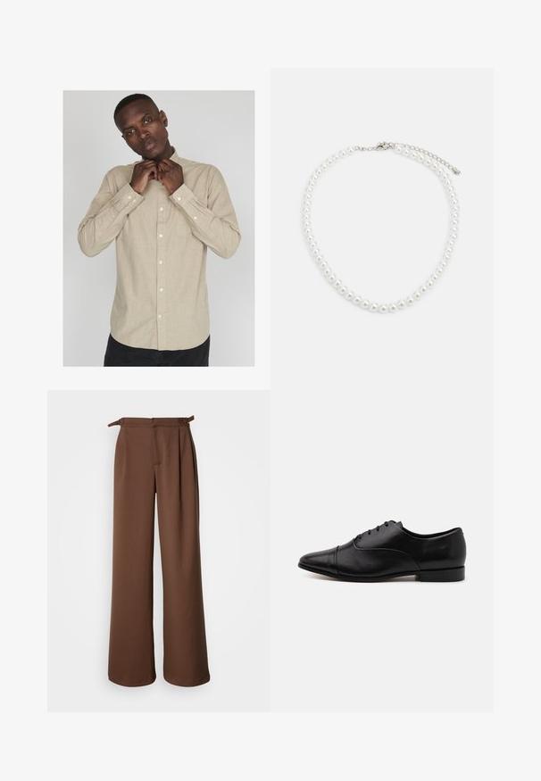 Vaalean beige nappipaita pitkillä hihoilla, kauluksella ja hienovaraisella tekstuurilla; vasemmalla puolella on tasku ja valkoiset napit.; Vaaleat lahkeet ruskeissa, valmistettu pehmeästä kankaasta. Korkea vyötärö, jossa on laskokset ja sivuvehkeet, tarjoaa rennon istuvuuden ja sileän pinnan.; Musta nahkakengät, joissa on terävä kärki, kaareva koristeommeltu, kuusi nauhoitussilmukkaa ja matala pinottu korko. Pintamateriaali on yleisesti sileä.; Valkoinen helminauha, jossa on tasainen pyöreä muoto, sileä pinta ja metallisolki, jossa on pidennysketju säädettävää pituutta varten.