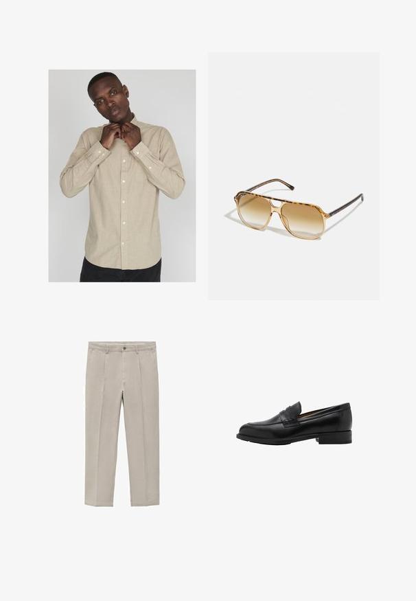 Lys beige skjorte med lange ærmer, krave og en subtil tekstur; har en lomme på venstre side og hvide knapper.; Lys beige bukser lavet af en bomuldsblanding, med et lige ben-design, frontfald, en knaplukning og sidelommer.; Sorte læder loafers med en syet front og flad hæl. Glat tekstur med en afrundet tå og en dekorativ rem hen over vristen.; Skildpaddefarvede solbriller med rektangulær ramme, brune gradientlinser og slanke sorte stænger med diskrete logodetaljer.