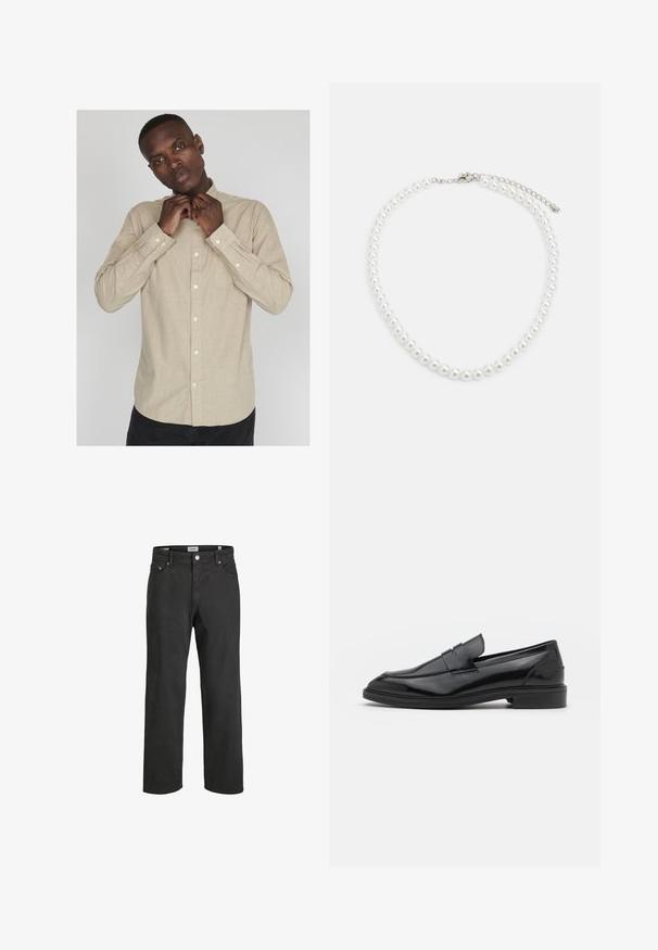 Hellbeige Hemd mit langen Ärmeln, Kragen und subtiler Textur; verfügt über eine Tasche auf der linken Seite und weiße Knöpfe.; Schwarze gerade geschnittene Jeans aus Baumwolle mit klassischem Fünf-Taschen-Design, Knopfverschluss und dezenten Nähdetails.; Schwarze Lederloafers mit glatter Oberfläche, runder Spitze und schmalem Riemen über dem Obermaterial. Niedriger, gestapelter Absatz.; Weiße Perlenkette mit einheitlich runder Form, glatter Oberfläche und Metallverschluss mit Verlängerungskette für anpassbare Länge.