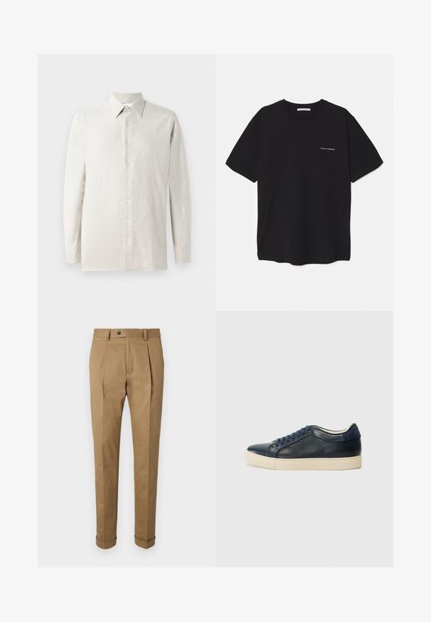 Camisa de manga longa bege claro feita de linho, com colarinho pontudo, fechamento frontal com botões e uma textura suave e subtil.; T-shirt preta de algodão com gola redonda, mangas curtas e impressão de logó tipo branca no lado esquerdo do peito. Design simples, de cor sólida.; Calças sociais caqui com um corte ajustado, apresentando pregas, fecho de botão, passantes para cinto e bainhas dobradas. Feitas de um tecido liso e durável.; Sapatilha de couro azul-marinho com sola de borracha creme, apresentando atacadores azuis e uma textura suave. Bico arredondado e design minimalista.