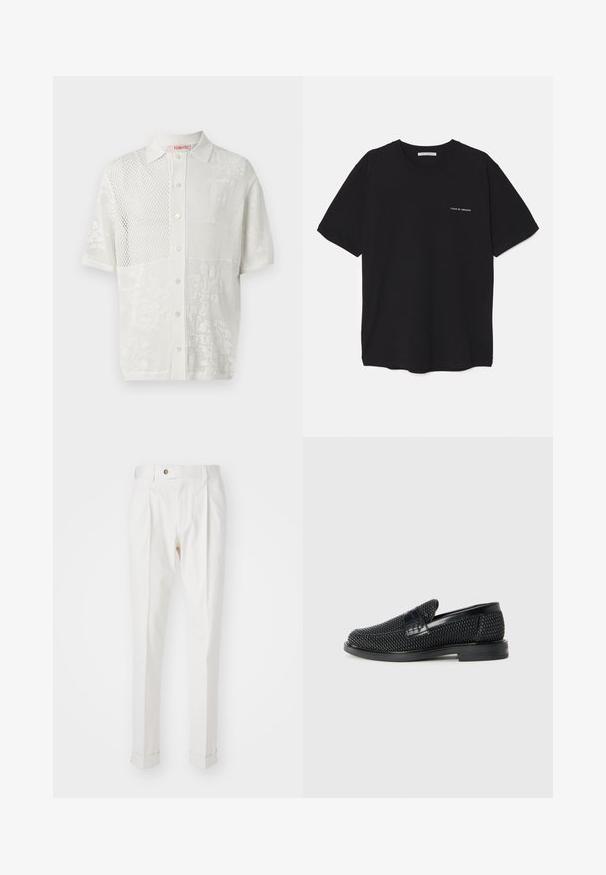 Balta trumpa rankovė polo marškinėliai su tekstūruotu mezgimo dizainu, kuriuose yra išskirtiniai tinkliniai ir gėlių raštų paneliai bei priekinis mygtukų užsegimas.; Juoda medvilninė marškinėlė su apykakle, trumpomis rankovėmis ir baltu logotipu kairėje krūtinės pusėje. Paprastas, vientisas spalvų dizainas.; Baltos, pritaikytos kelnės su lygiu priekiu, dviem raukšlėmis ir prisuktomis rankovėmis. Pagamintos iš lygios medžiagos, su mygtuku juosmenyje.; Juodas pintas slip-on tipo batelis su lygiu odiniu akcentu viršuje, apvalios nosies dizainas ir žemas guminis padas.