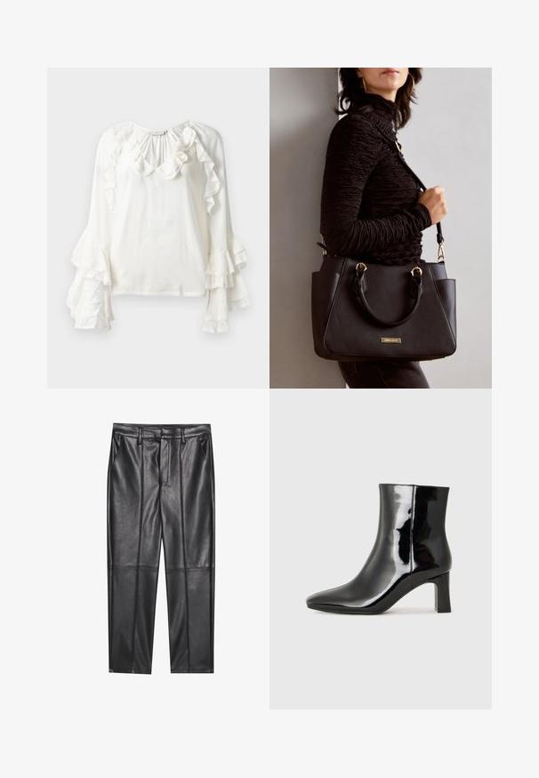 Copenhagen Muse NORMA - Blouse - jet stream; Black leather trousers with a smooth texture, featuring a straight fit, two front pockets, and visible seam detailing.; Black patent leather ankle boot with a pointed toe and a mid-height block heel. Smooth texture and minimalist design.; Black handbag with textured surface, dual top handles, and adjustable shoulder strap. Features gold-tone hardware and side pockets.