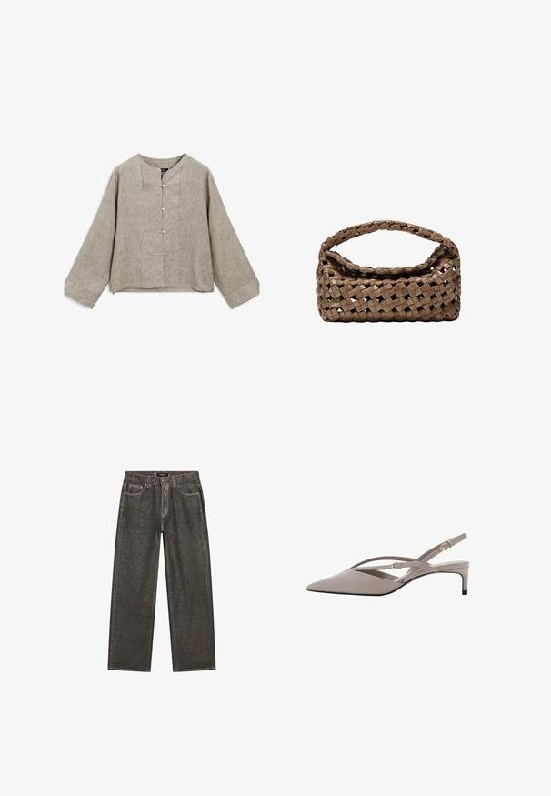 Lichtgrijze linnen blouse met een ronde halslijn, lange mouwen en een knoopsluiting aan de voorkant met vijf knopen en subtiele textuurvariaties.; Donkergrijze wijde jeans van denim, met een klassiek vijf-pocket ontwerp, stevige stiksels en een ritssluiting met knoopsluiting.; Beige slingback hakken met een spitse neus, dunne kruislings gespen en een korte stiletto hak. Zachte stof met accenten van goudkleurig beslag.; Geweven bruine handtas met een rechthoekige vorm, gestructureerd handvat en een textuurrijk oppervlak. Heeft een gesloten bovenkant en een ingewikkeld vlechtpatroon.