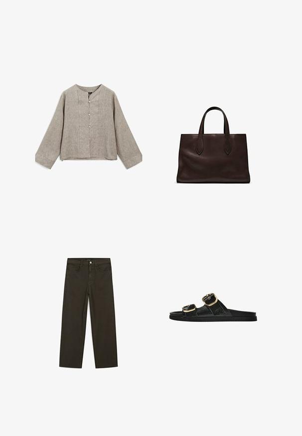 Lys grå linned blouse med rund halsudskæring, lange ærmer og en frontknapstolpe med fem knapper samt subtile teksturelle variationer.; Mørkegrønne brede jeans lavet af en bomuldsblanding, med en frontlukning med knap, fem lommer og klassisk denim-syning.; Sort skridsandal med to guldspænder, glat tekstureret materiale, flad sål og et minimalistisk design.; Brun læder tote bag med to forlængede håndtag, struktureret rektangulær form, glat overflade og subtile syninger.
