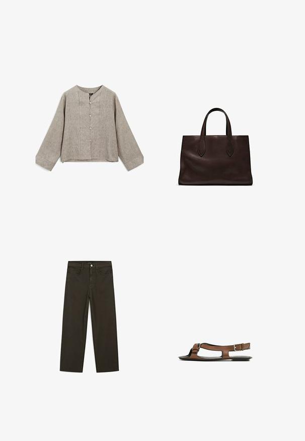 Lys grå linned blouse med rund halsudskæring, lange ærmer og en frontknapstolpe med fem knapper samt subtile teksturelle variationer.; Mørkegrønne brede jeans lavet af en bomuldsblanding, med en frontlukning med knap, fem lommer og klassisk denim-syning.; Brune lædersandal med åben tå og udskæringer på siden. Har en ankelrem med en metalspænde og en flad sål.; Brun læder tote bag med to forlængede håndtag, struktureret rektangulær form, glat overflade og subtile syninger.